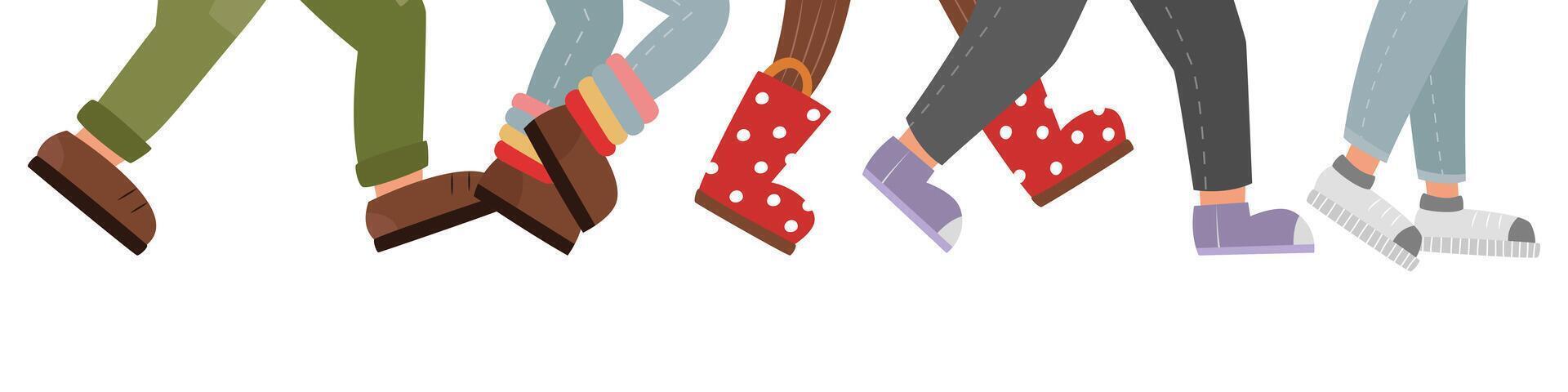 Many human feet walk in the crowd. Wide banner with children's shoes. Funny colored flat illustration for banner, poster, advertising design. Clipart for walking animation. Queue bottom view. Running vector