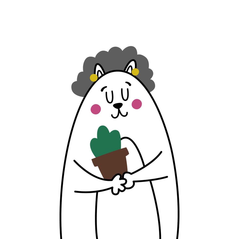 Cute comic grandmother cat. Old gray-haired granny smiles and holds a pot with a houseplant. Illustration for a photo portrait of a cat family. Funny linear flat illustration for children's book vector