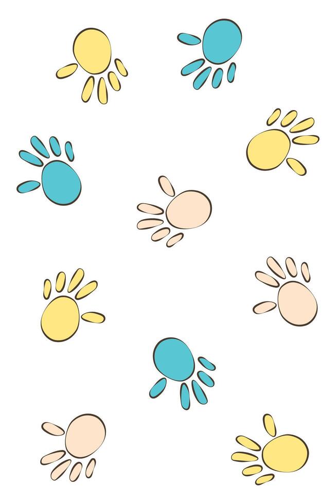 Hands of a baby or child in blue and yellow paint. Handprints on the wall. Cute cozy poster for baby and children's room. Gift card for baby shower. Simple minimalistic illustration on a white. vector