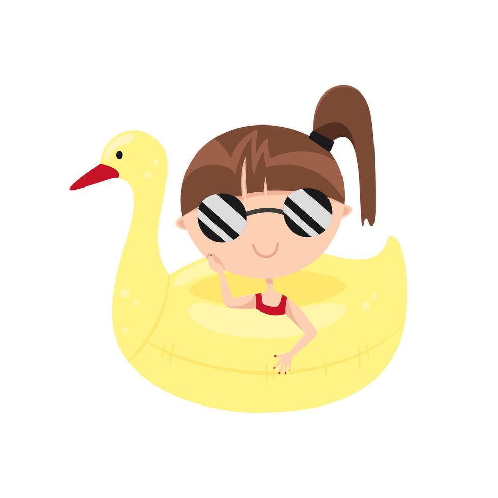 Cute summer mascot character. Little kawaii girl bathes in the sea with a swim ring. Fun children's games in the water. Funny lifebuoy in the shape of a yellow duck. Rest on beach. Holiday vacation vector