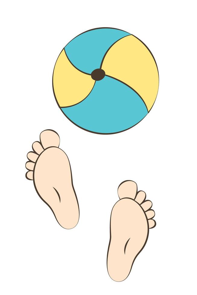 Little children's legs dig an inflatable ball. The kid is playing outside. Cute cozy poster for baby and children's room. Gift card for baby shower. Simple minimalistic illustration on a white. vector