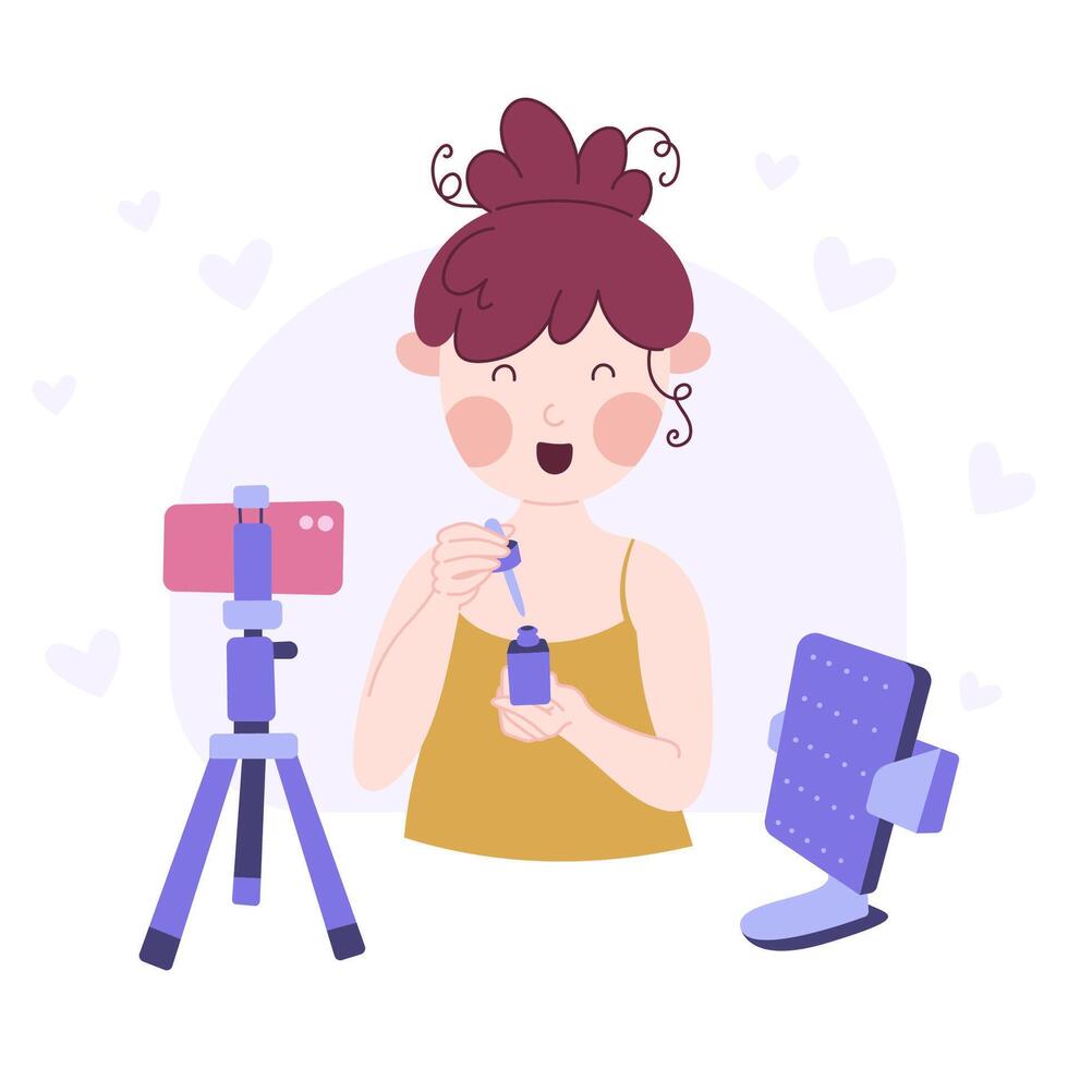 Beauty blogging concept. Recording makeup tutorial and cosmetics review. cartoon flat illustration. vector