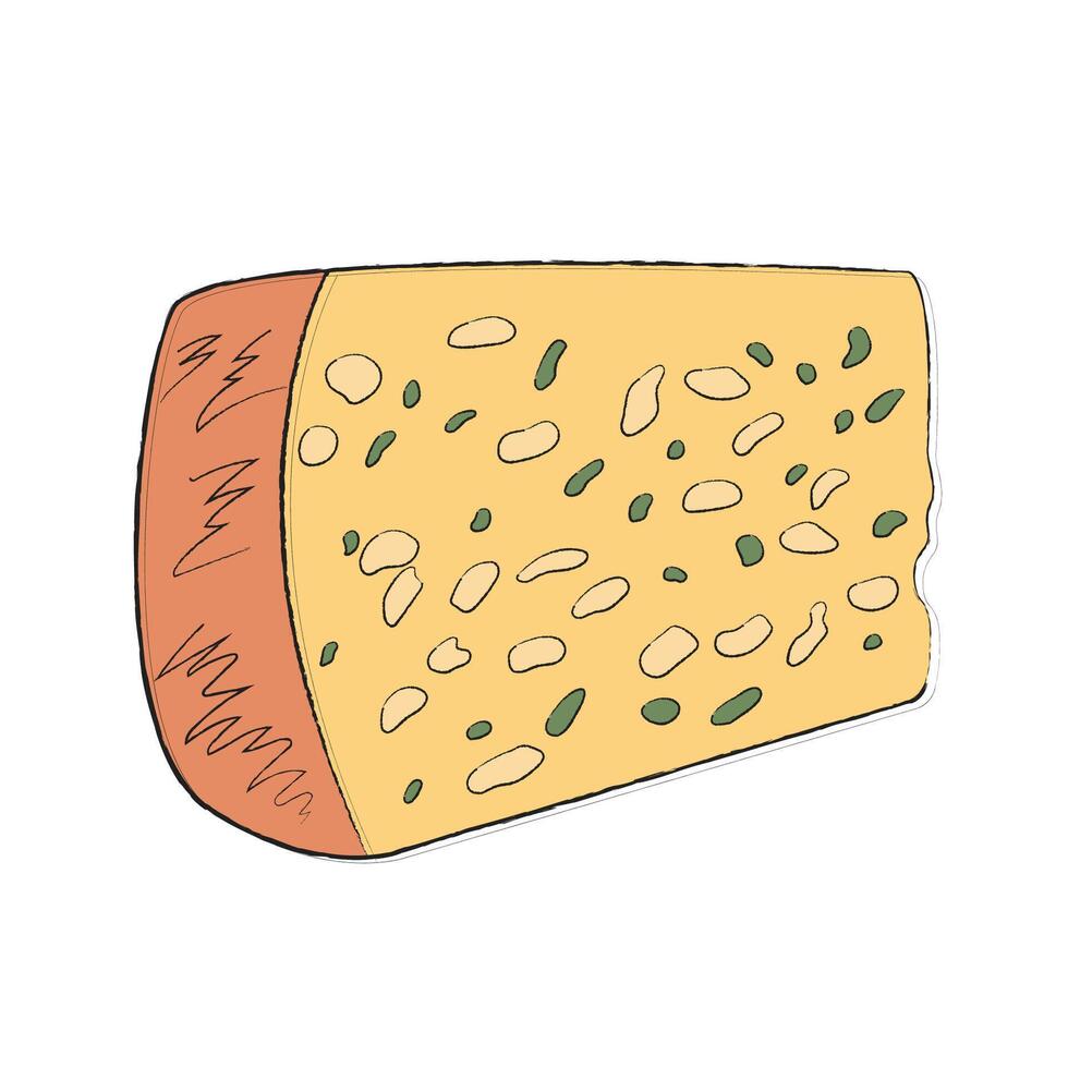 A large piece of Roquefort cheese with mold and herbs. A fragrant delicacy appetizer to wine and alcoholic beverages. Simple linear icon for catalog with cheeses and dairy products. Design for sticker vector