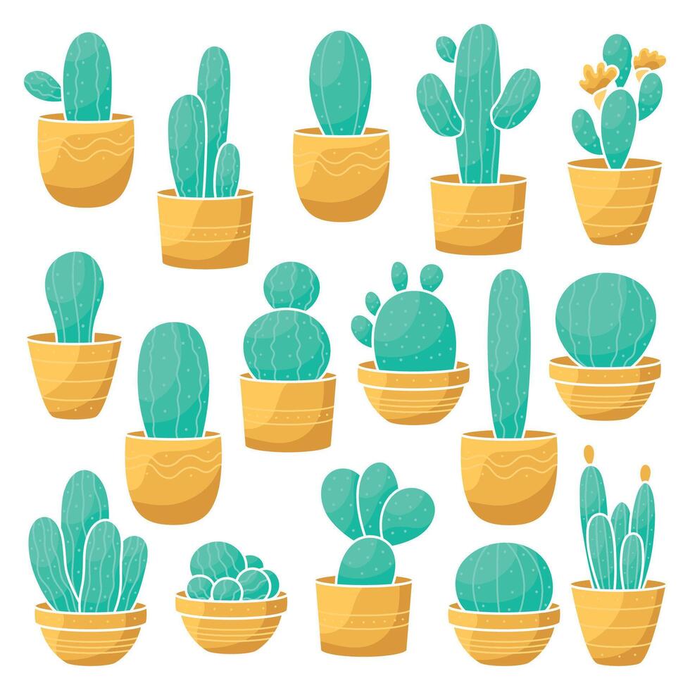 Cactus set. A collection of cute minimalist flat plants in pots. Simple cartoon clipart illustrations to print on stickers. Logos and emblems for a flower shop. Clipart for packaging design. vector