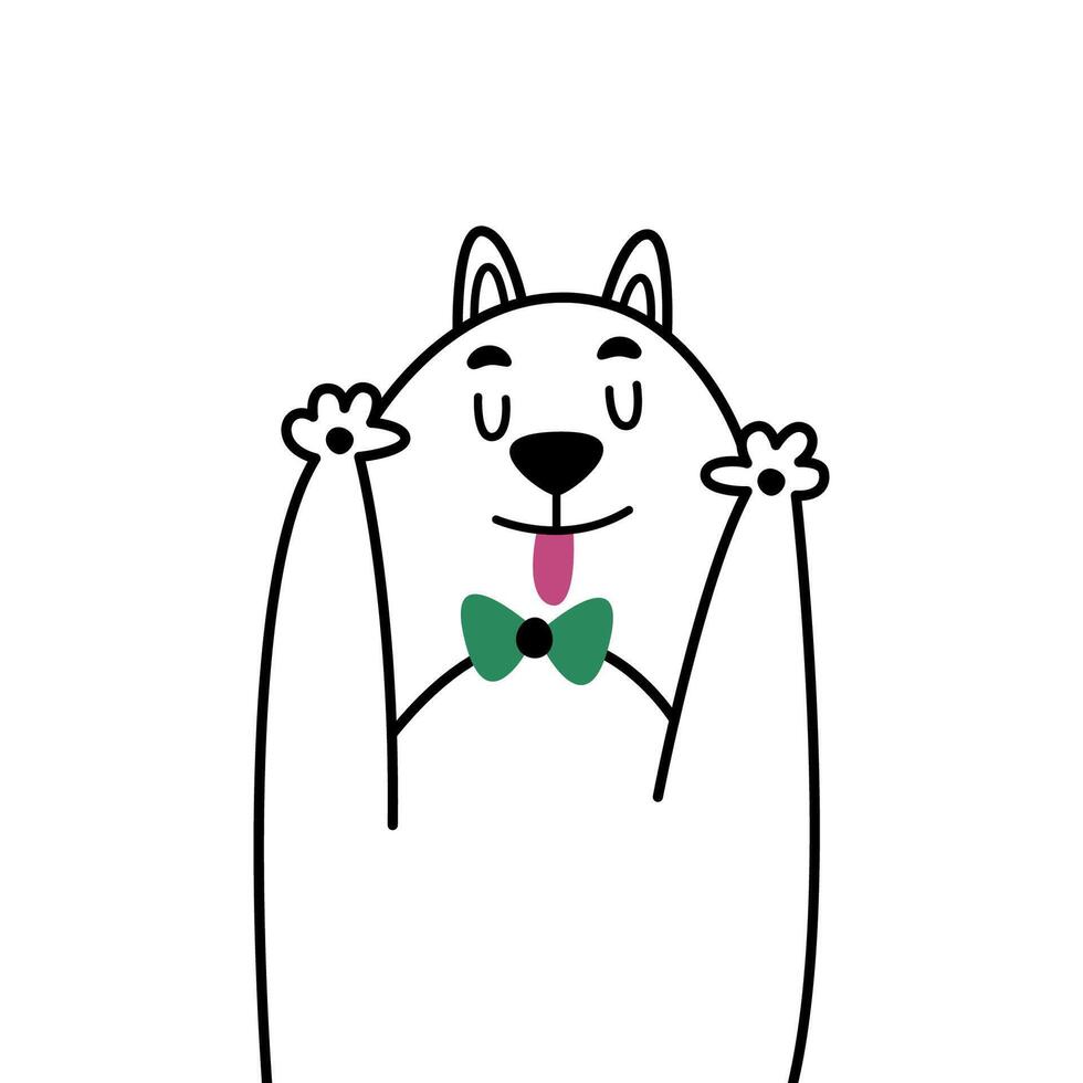Funny comic cartoon illustration with boy cat. Minimalistic linear portrait son of cats. A small child brawls and shows his tongue at camera. Beautiful cute print for clothes, sticker, poster, cover. vector