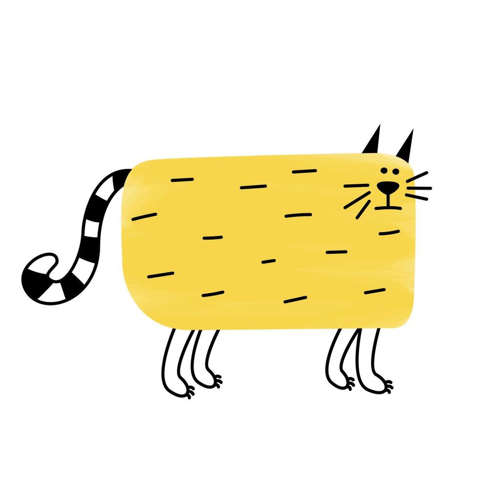 Cool rectangular abstract thick comic cartoon yellow cat with a striped tail. Unique original logo, emblem, label. Cute funny mascot, character for goods, business, branding, marketing, advertising. vector