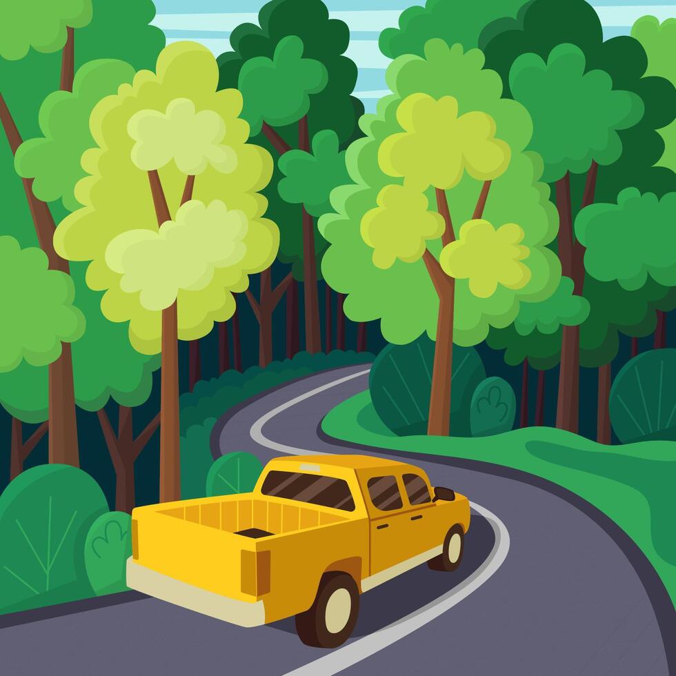 Summer trip. Landscape with a cute pickup car on the road. illustration in flat style. Beautiful forest. vector