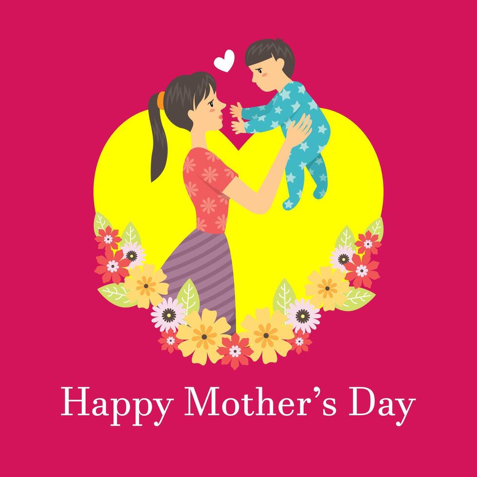 Happy Mothers Day Post Banner with Mother and Child on a Heart Shape Background and Flowers vector