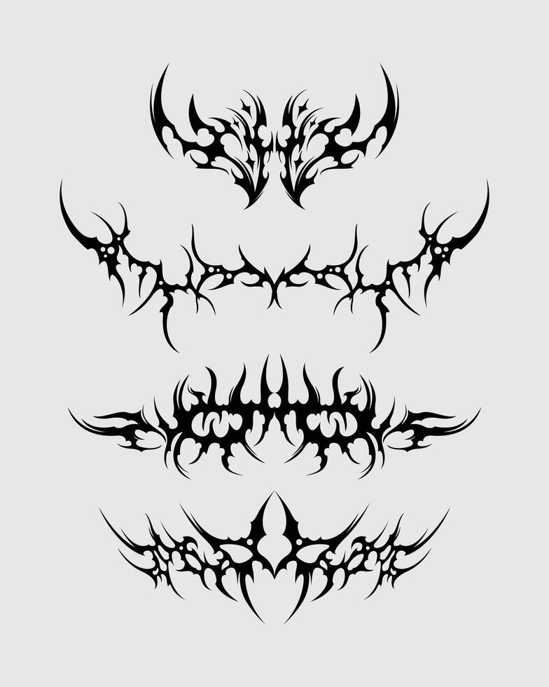 Tribal tattoo shape collection aset bundle Brutalism element acid poster, illustration t shirt design, symbol sick editable vector
