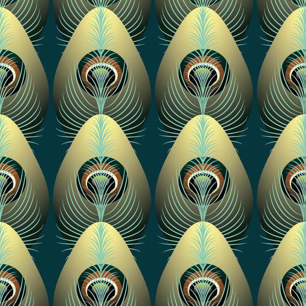 Abstract, geometric peacock gold feather motif on an emerald green background, pattern vector