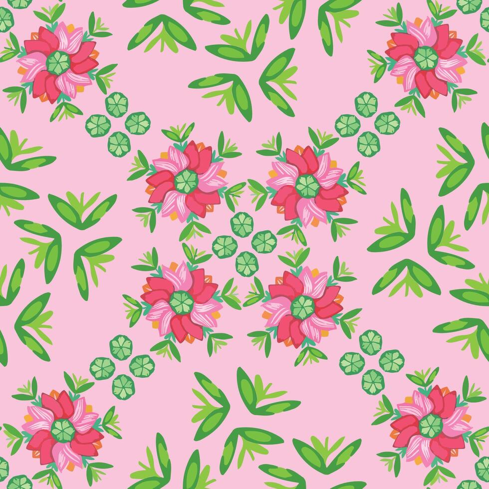 , seamless geometric pattern of mandala composition dark pink tulip and green leaves on pink background. Folk style. For summer women dresses, dining, home decor, wrapping paper. vector