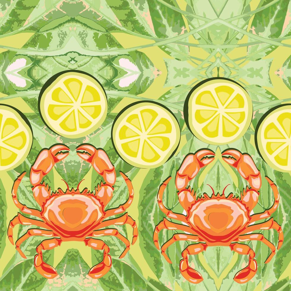 , seamless pattern of green fresh salad, sour lemon and crab gifted by the sea. vector