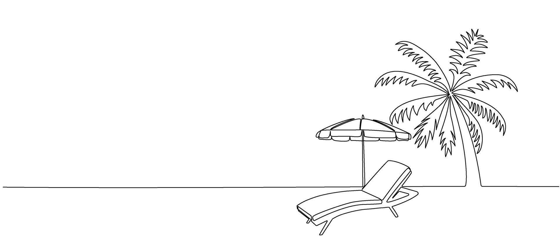 Beach umbrella and lounger near palm tree , continuous editable single line drawing. Concept of summer vacation, vacation at the seaside. illustration vector