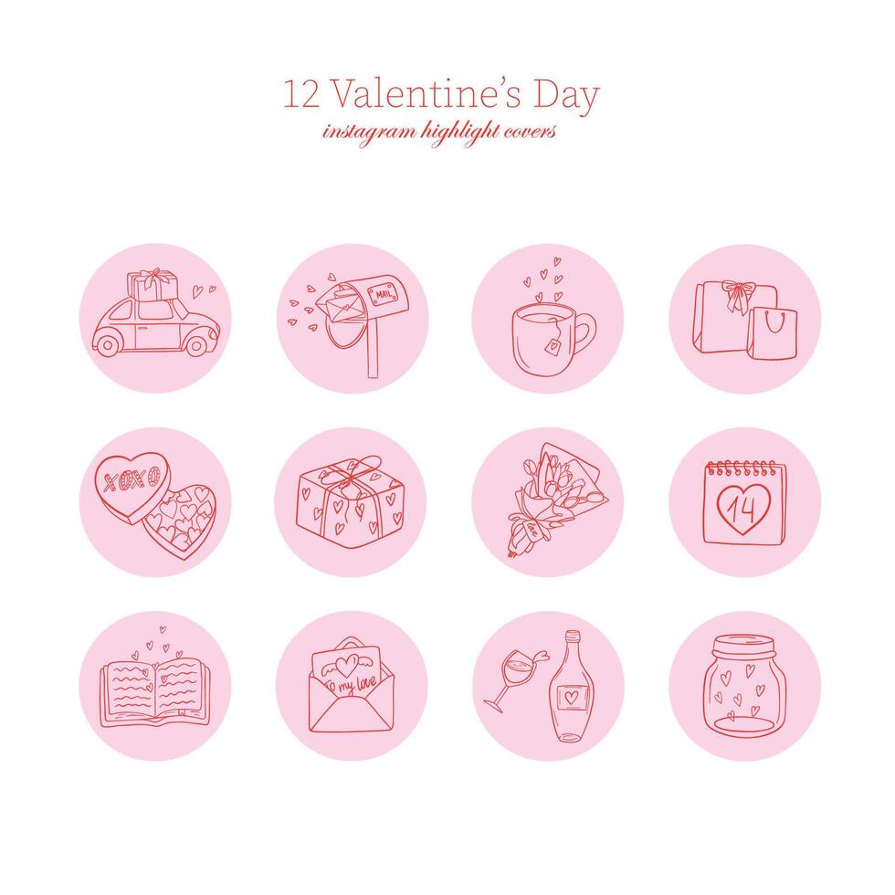 Collection of highlights cover of Valentine's day. Simple linear drawing of flowers, gift delivery, candies, wine, glass jar with hearts and other. Trendy social media stories. Love and romance vector