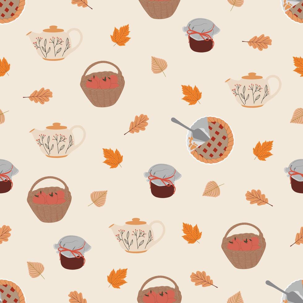 Autumn seamless pattern with leaves, saeson pie, basket of apple, jam, teapot. Cozy fall hand drawn isolated elements in vintage style. Warm colors, cartoon fall design vector