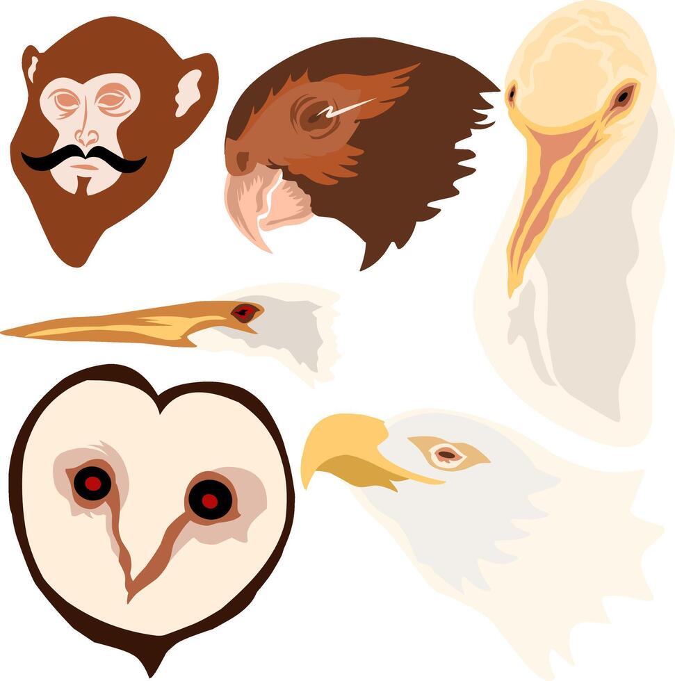 set of cartoon birds and monkey icon head vector