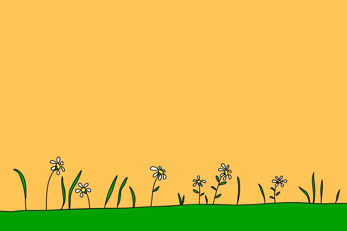 tiny white flower in garden orange background and copy space. cartoon doodle landscape nature view. vector