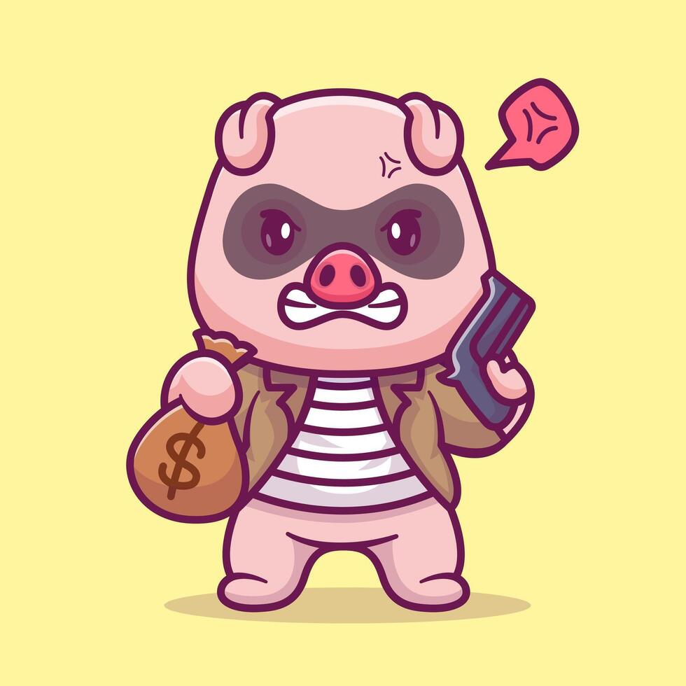 Cute Pig Thief Holding Money And Gun Cartoon vector