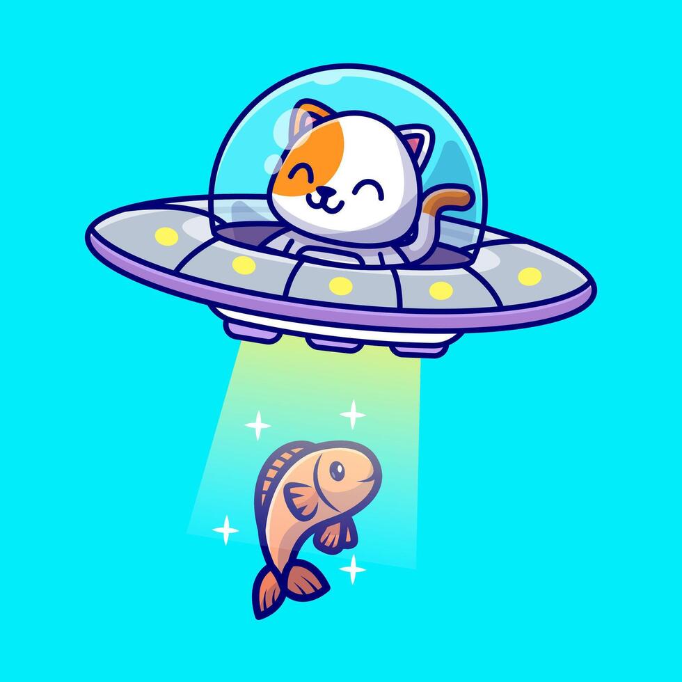 Cute Cat Catching Fish With Ufo Cartoon vector