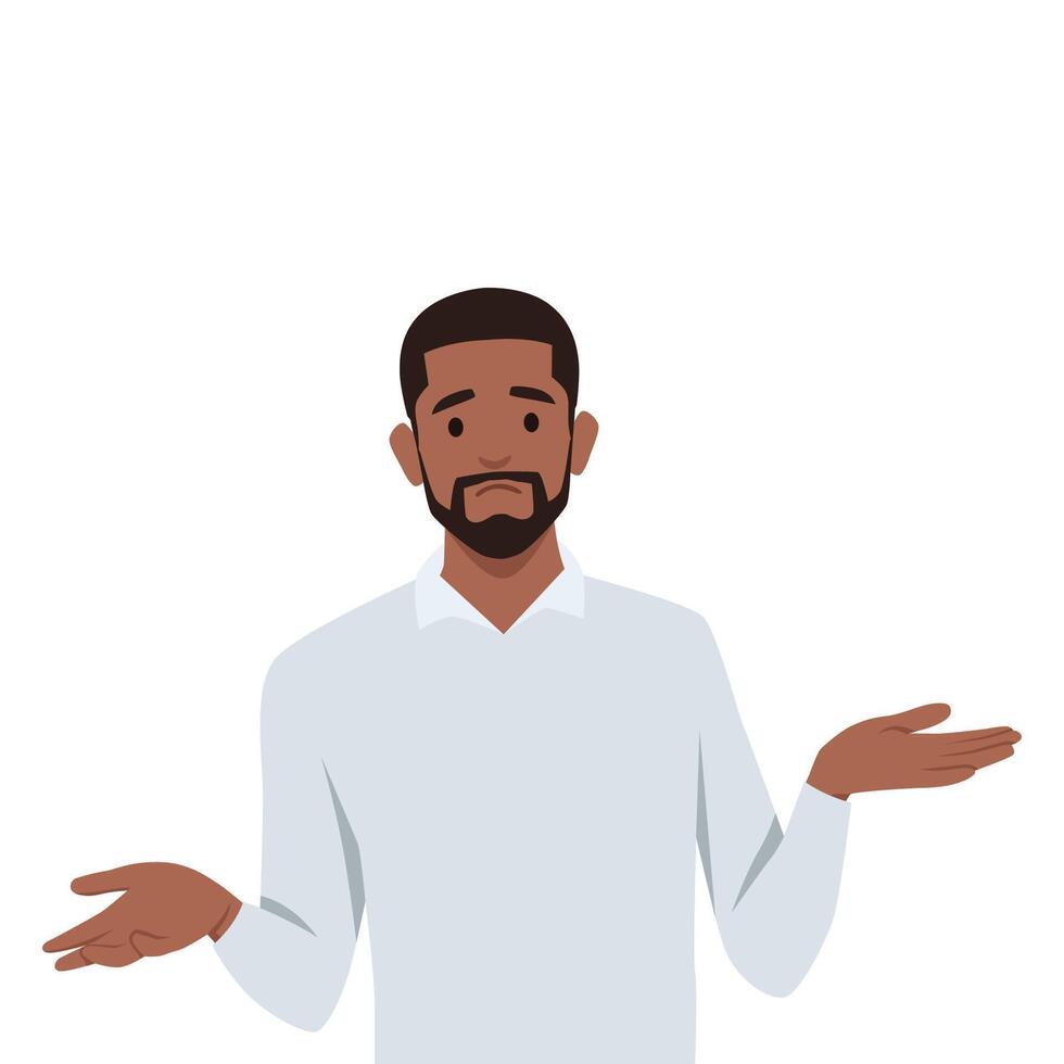Oops. Sorry. I don't know. Young businessman shrugs, shows helpless gesture and spread his hands. vector