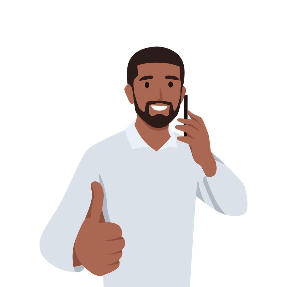 Young black man giving thumbs up while talking on the phone. vector