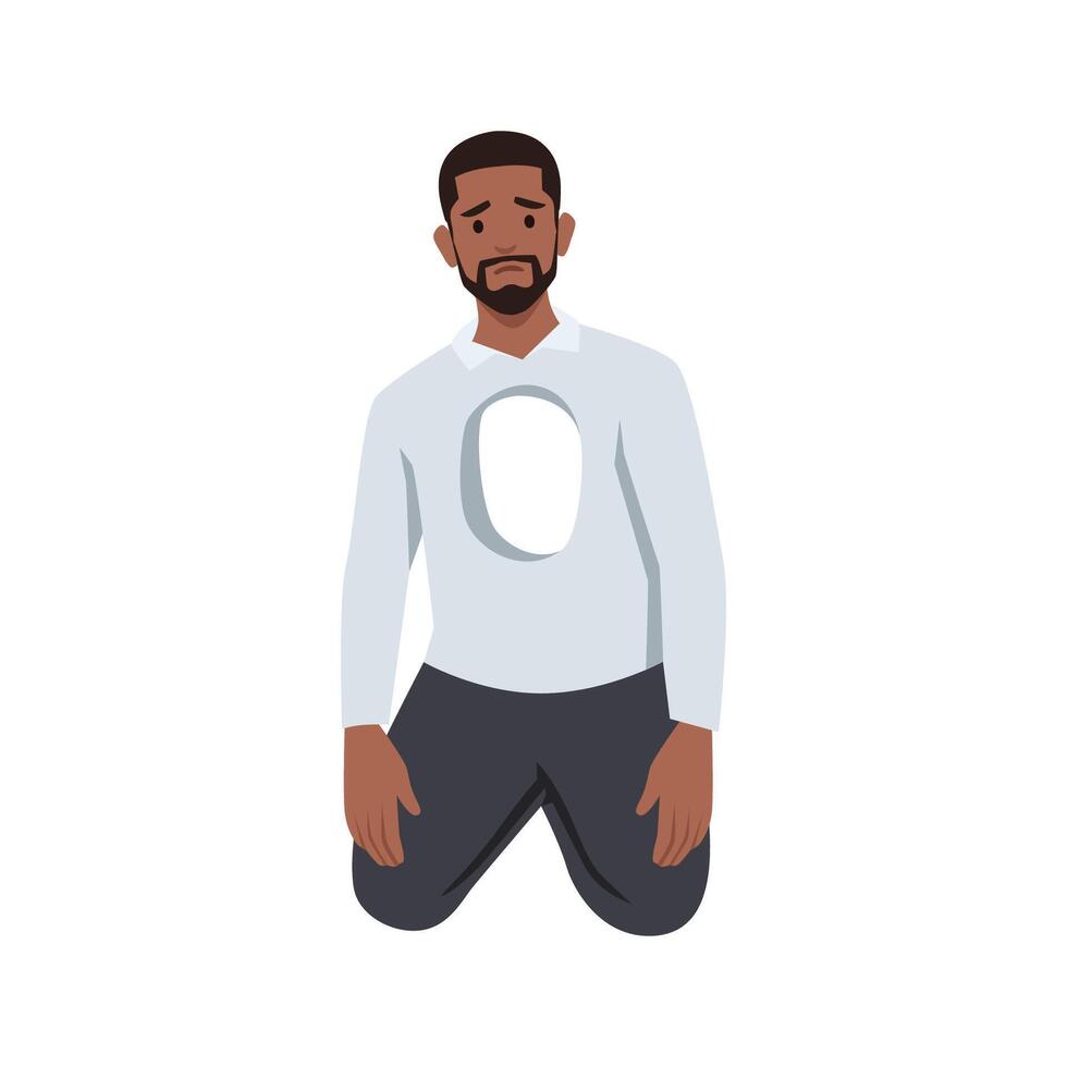 Young black Lonely man with empty hole in chest, loneliness concept with sad person feeling alone. vector