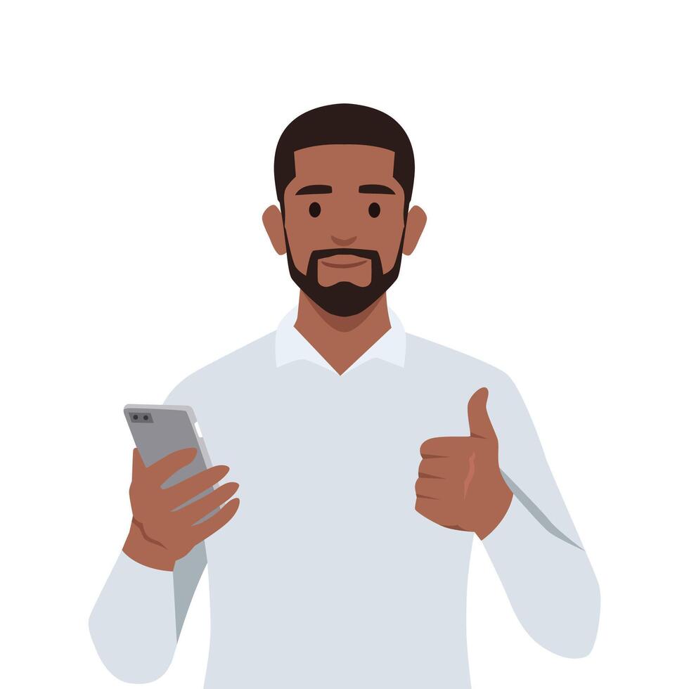Young man Positive business man showing new brand, latest smartphone. vector