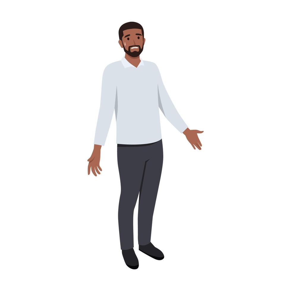 Young black man Gesture oops, sorry or I do not know. The man shrugs and spreads his hands. vector