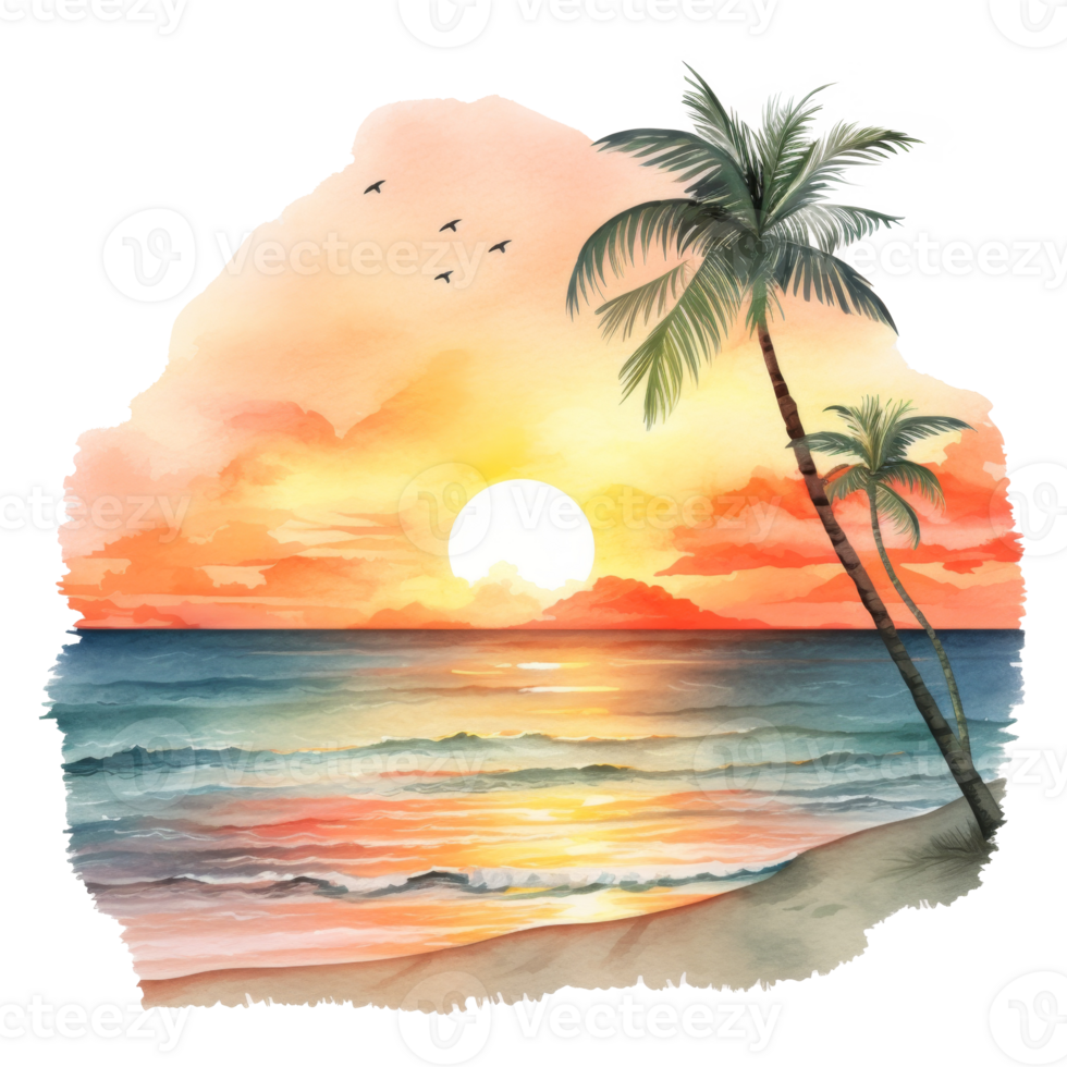 Beautiful Beach Sunset Isolated Detailed Watercolor Hand Drawn Painting Illustration png