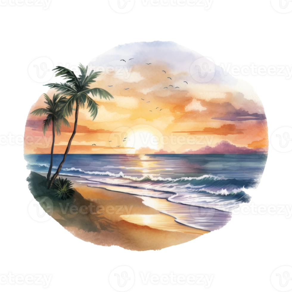 Beautiful Beach Sunset Isolated Detailed Watercolor Hand Drawn Painting Illustration png
