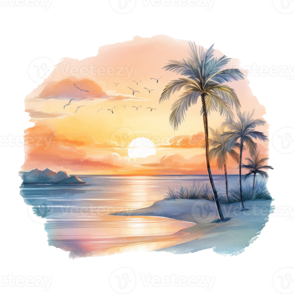 Beautiful Beach Sunset Isolated Detailed Watercolor Hand Drawn Painting Illustration png