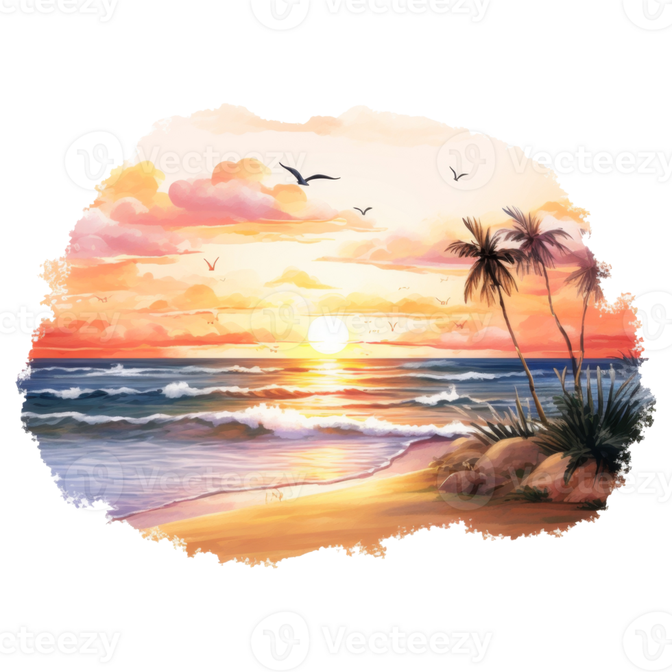 Beautiful Beach Sunset Isolated Detailed Watercolor Hand Drawn Painting Illustration png