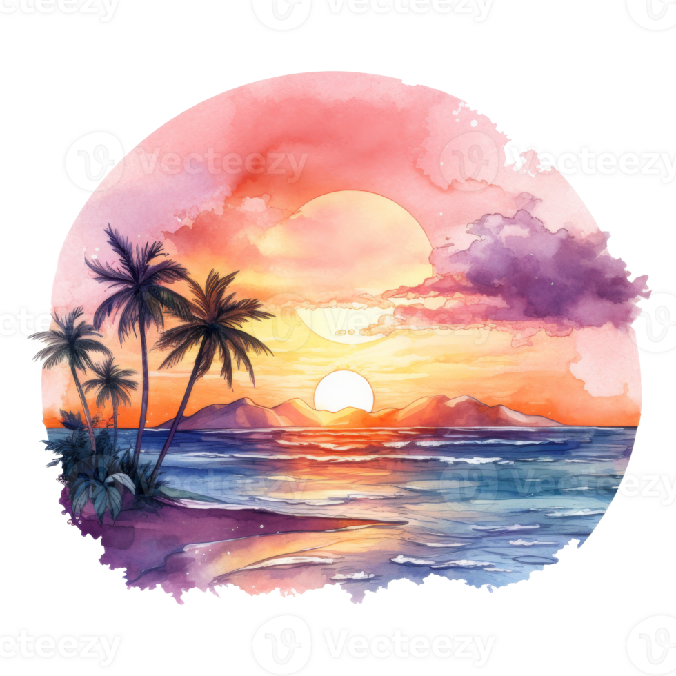 Beautiful Beach Sunset Isolated Detailed Watercolor Hand Drawn Painting Illustration png