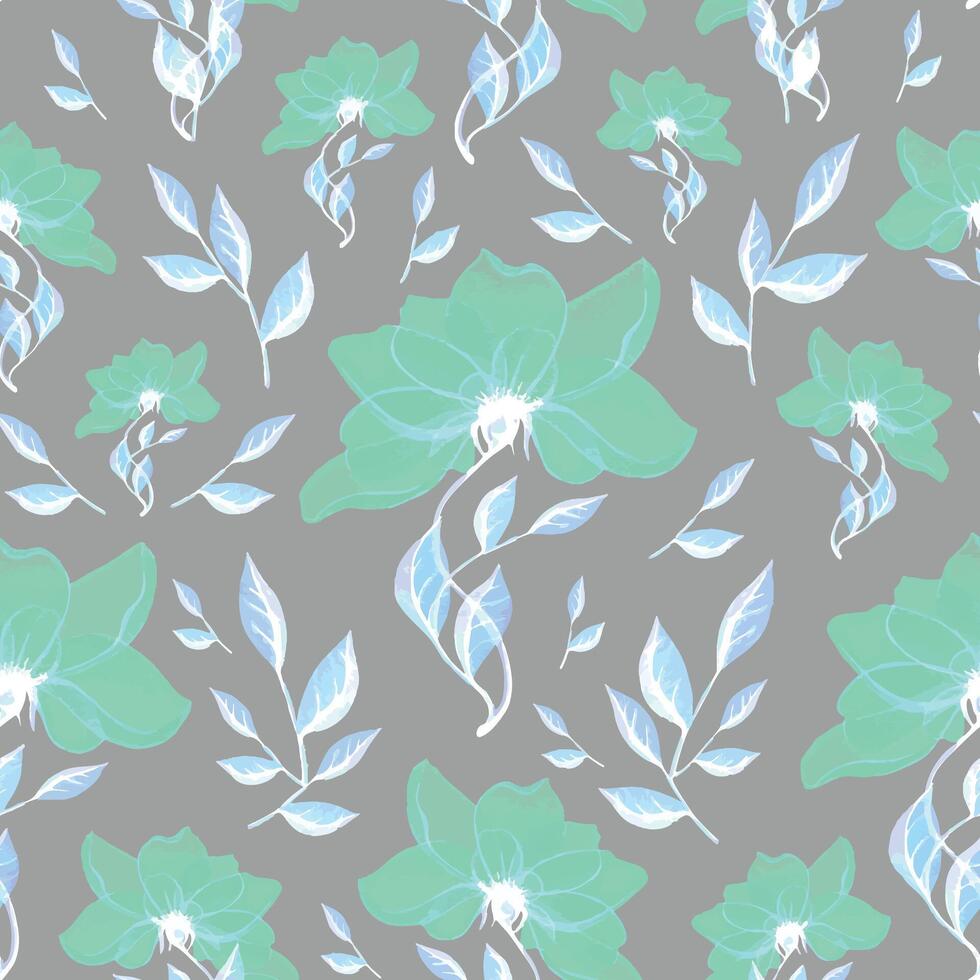 Watercolor illustration of a simple turquoise flower on a gray background, inversion. A simple, seamless pattern. For textiles, fabric, print, wallpaper, scrap, paper, clothing vector