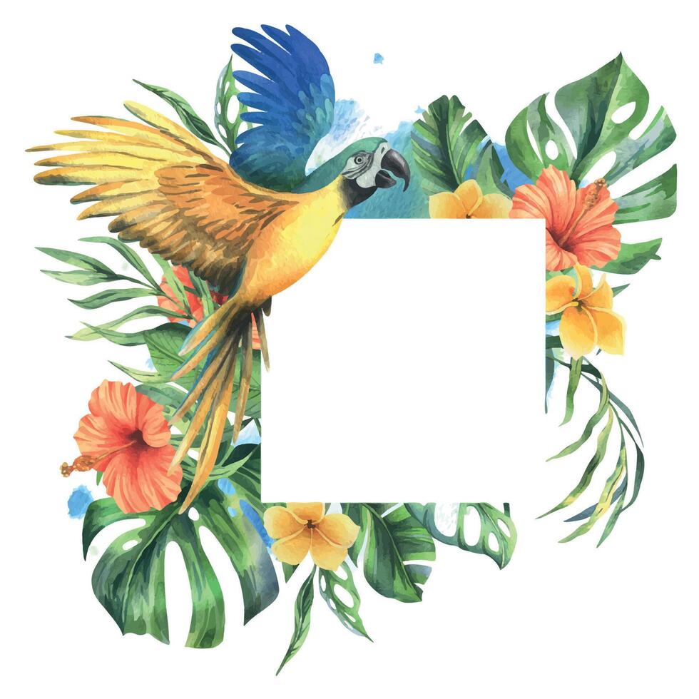 Tropical palm leaves, monstera and flowers of plumeria, hibiscus with blue-yellow macaw parrot. Hand drawn watercolor botanical illustration. Template frame square isolated from the background. vector
