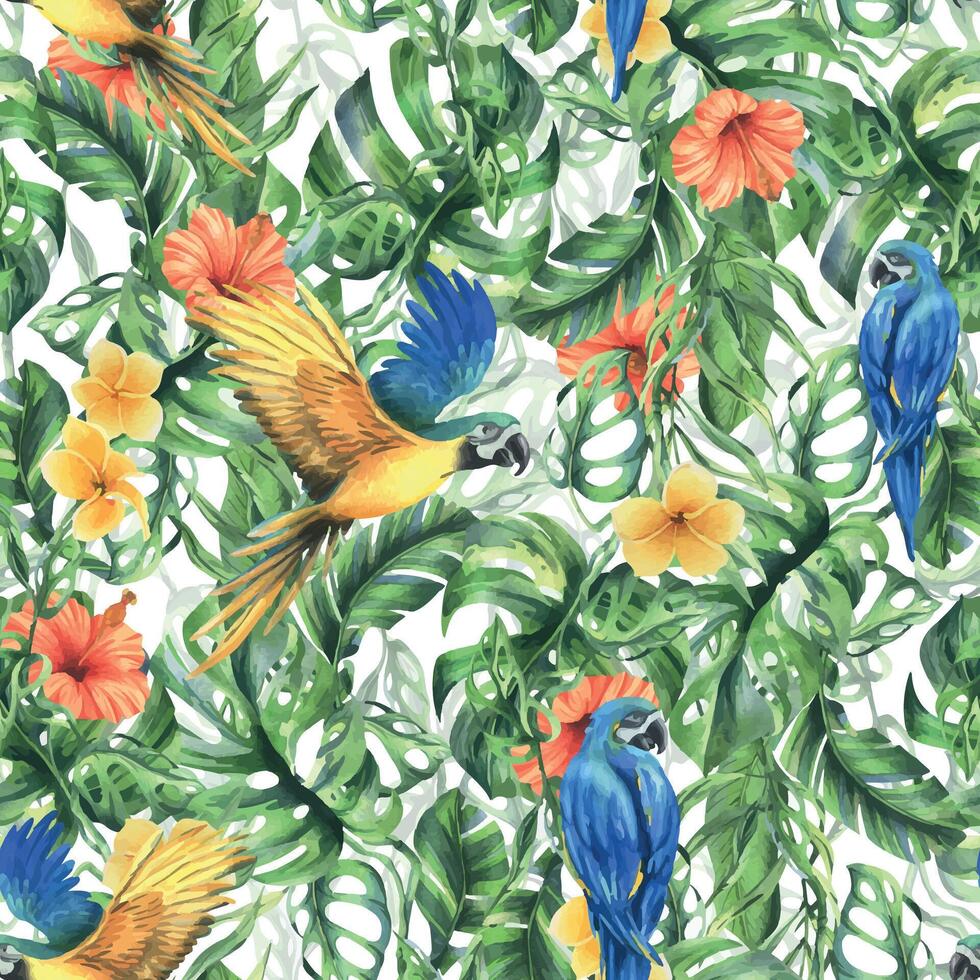 Tropical palm leaves, monstera and flowers of plumeria, hibiscus, bright juicy with blue-yellow macaw parrot. Hand drawn watercolor botanical illustration. Seamless pattern on the white background vector