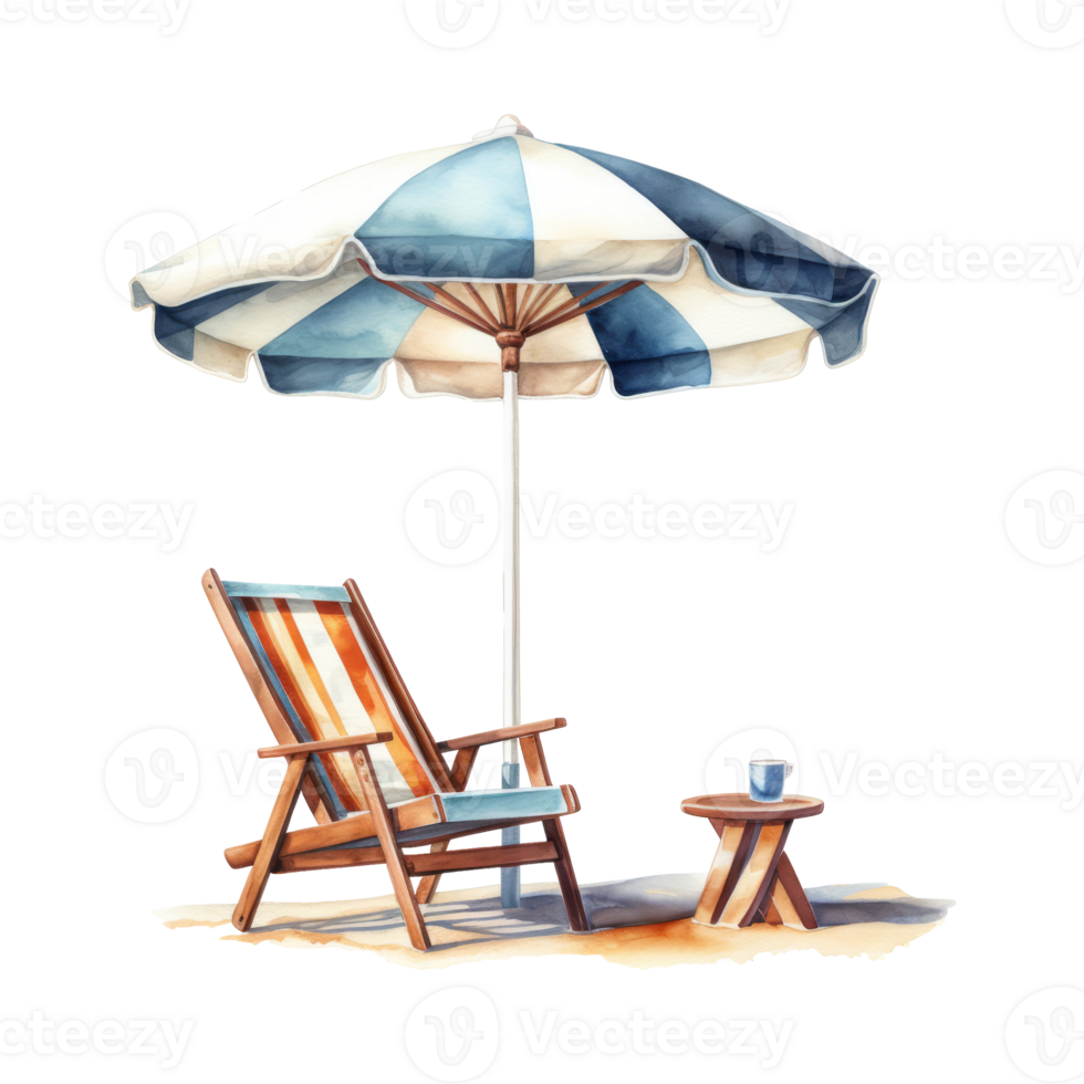 Beach Chair with Umbrella Isolated Detailed Watercolor Hand Drawn Painting Illustration png