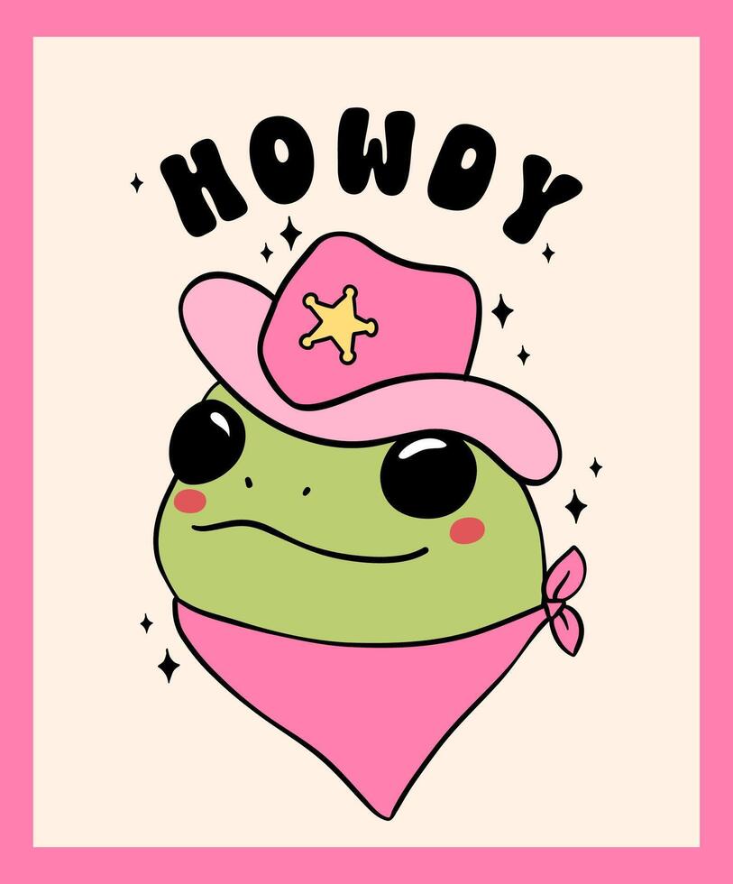Groovy Cowboy Frog with hat howdyTrendy self love Retro Minimal drawing wall art printable Aesthetic vector