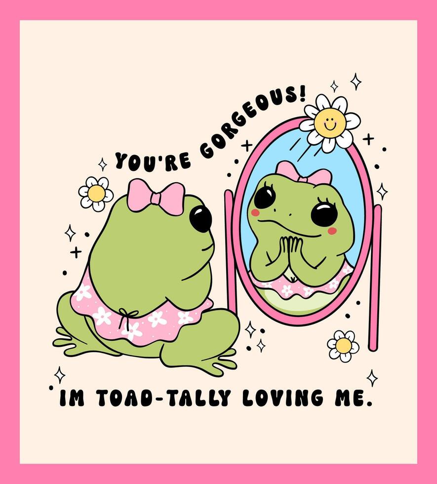 Self Love Retro Frog Girl reflection in mirror minimal doodle drawing wall art printble vector