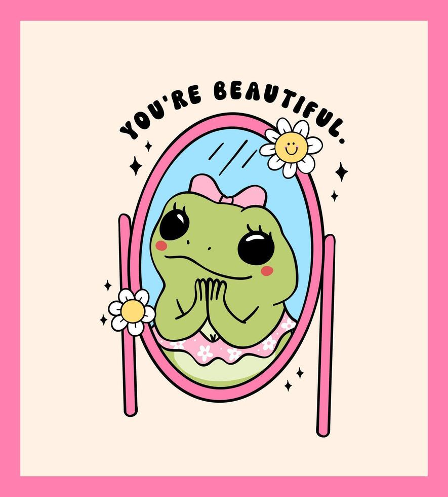 Self Love Retro Frog Girl reflection in mirror minimal doodle drawing wall art printble vector
