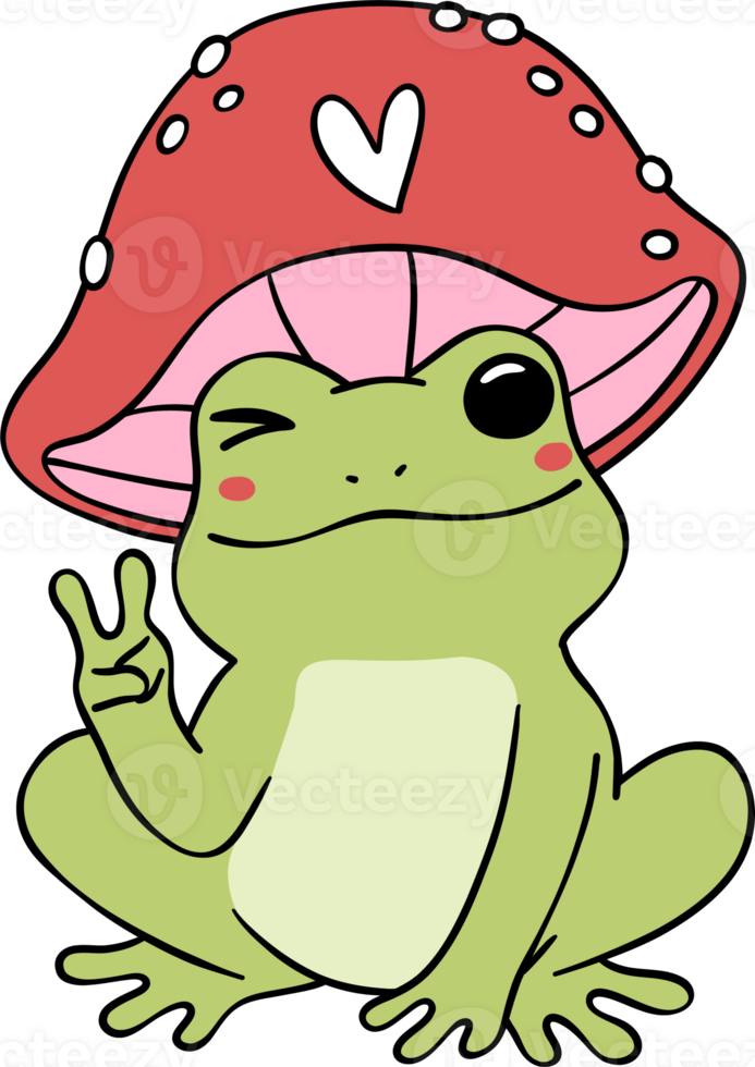 rétro grenouille avec paix signe, grenouille avec champignon chapeau dessin animé griffonnage png