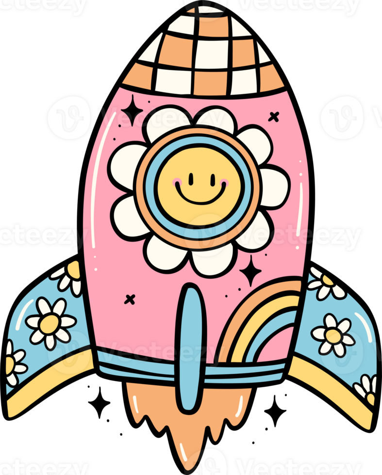 Retro groovy school supplies back to school rocket doodle drawing png