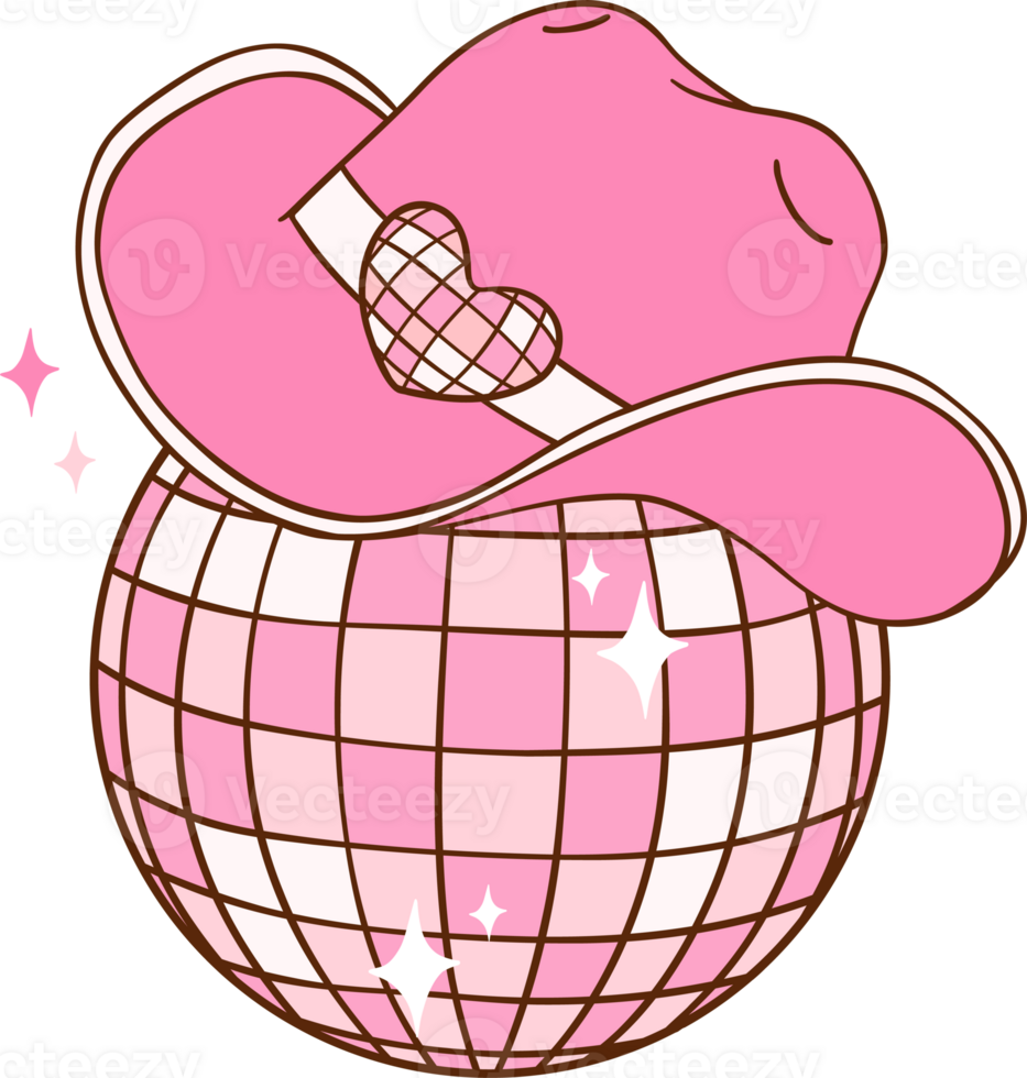 Pink Disco Cowgirl hat on disco ball Retro Girly Cowboy Doodle Drawing png