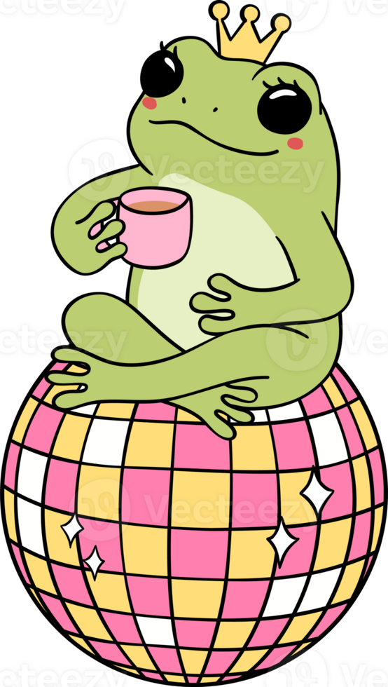 rétro sensationnel grenouille avec café sur disco Balle dessin animé griffonnage png