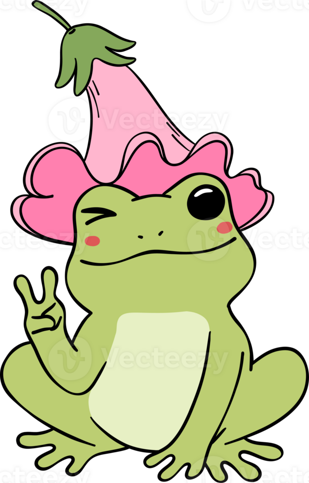 Retro frog with peace sign, frog with flower hat cartoon doodle png