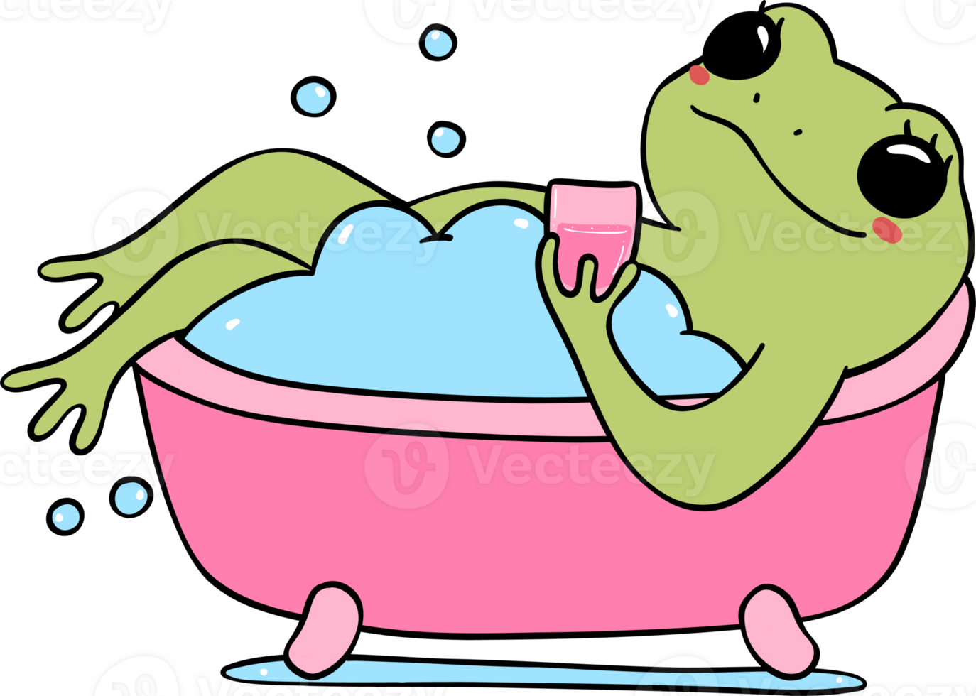 Retro groovy frog in bathtub cartoon doodle self care png