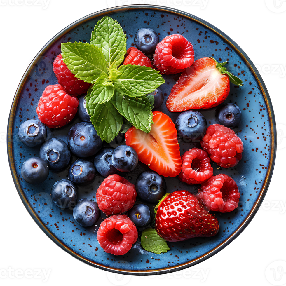 strawberries and blueberries on plate. Healthy fruit variety as breakfast food isolated png