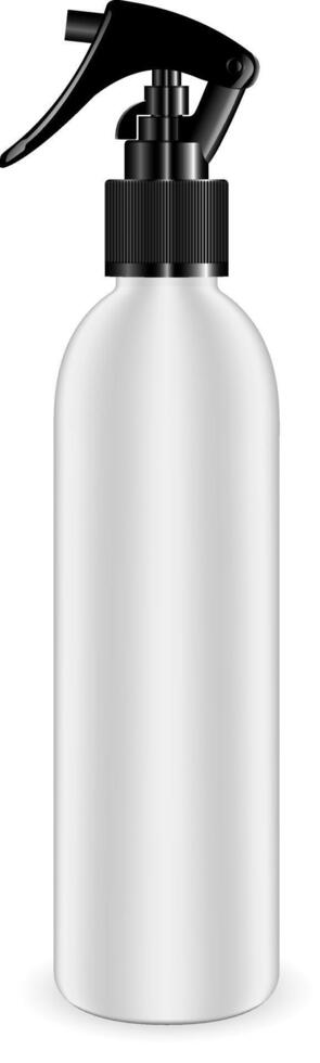 Spray bottle for cosmetic and other products. Isolated white blank container mockup with black dispenser head. Realistic template. vector