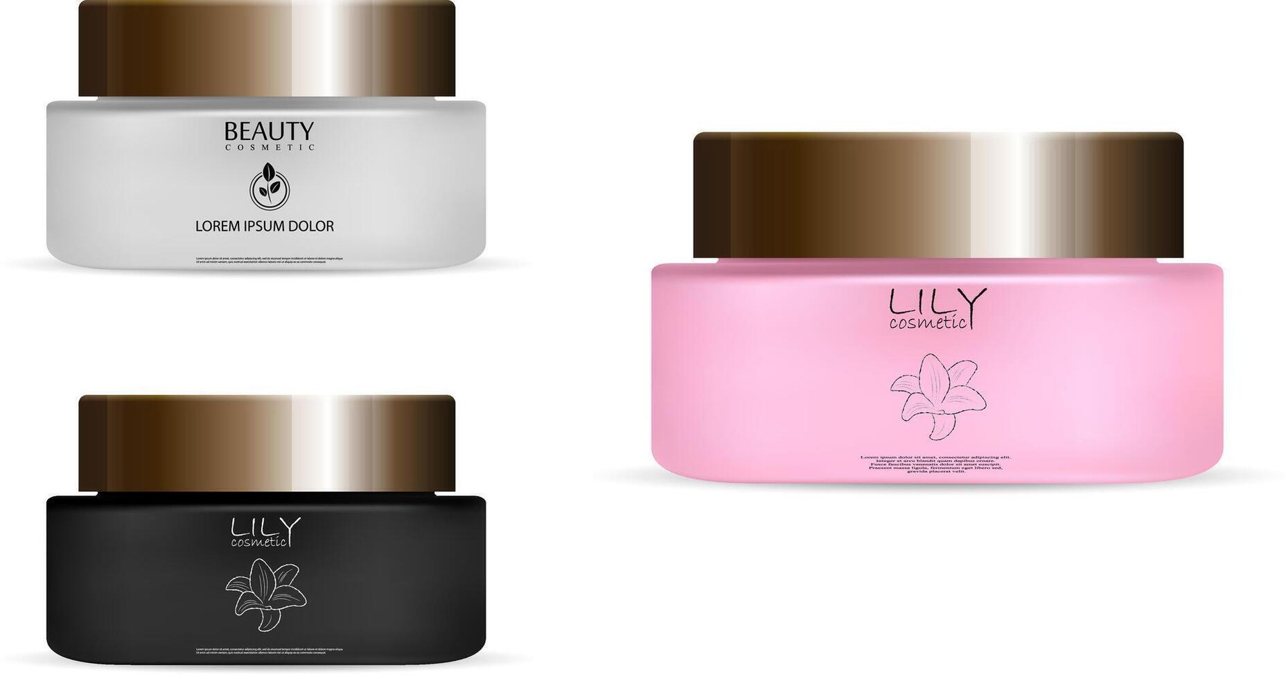 Cosmetic jar mockup for body cream, butter, scrub, bath salt, gel, skin care, powder. Round black, white and rose matt glass jar with amber gold glossy plastic lid. 3d package mockup template vector