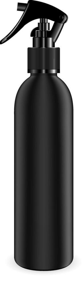 Spray bottle for cosmetic and other products. Isolated black blank container mockup with black dispenser head. Realistic template. vector